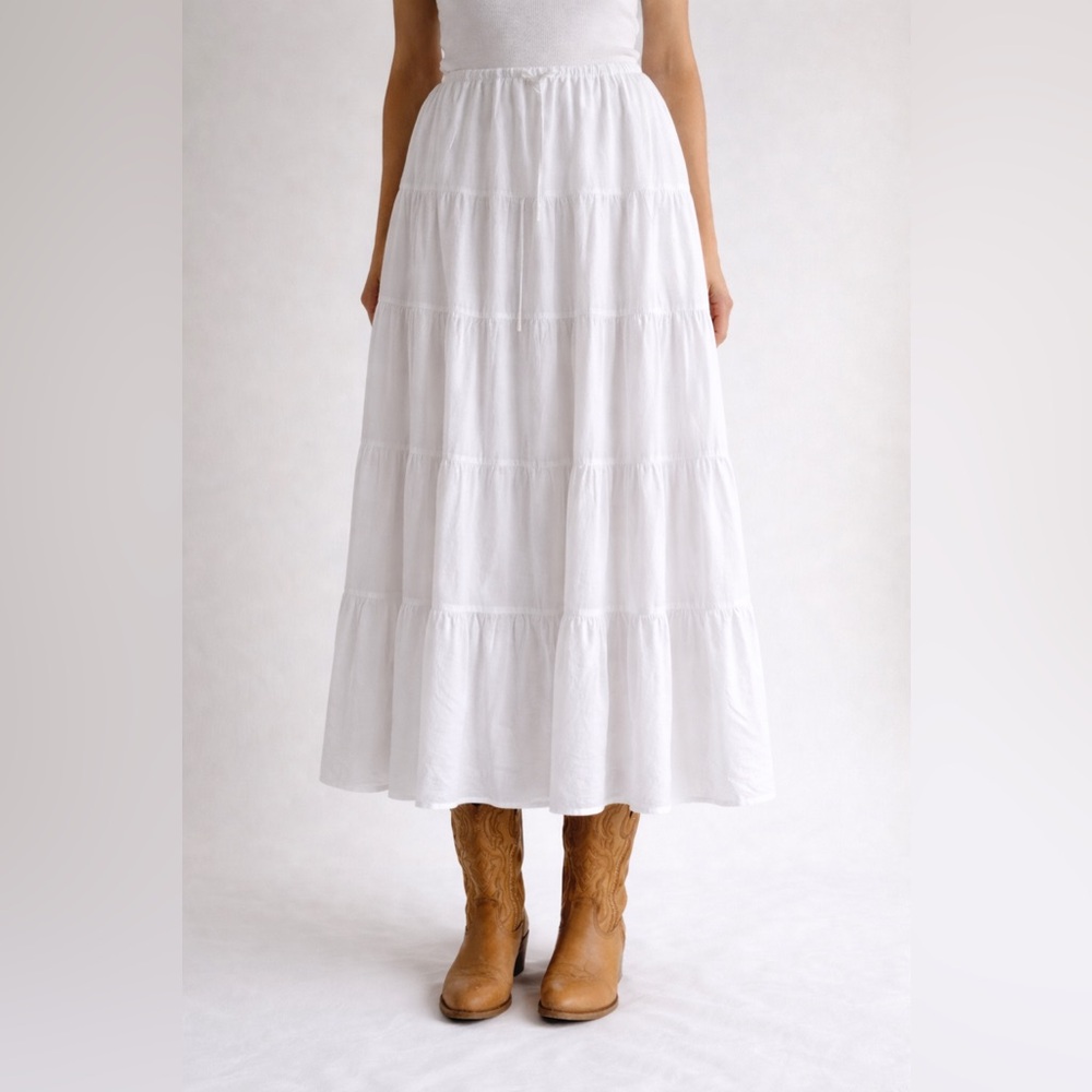 Coraline Constas White Prairie Tiered MaxiSkirt Linen Blend L Elastic Waist Boho